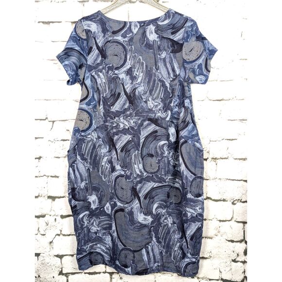 LANDS DOWNUNDER Italian Linen Dress Paint Swirl Print Pockets Artsy Boho Small - Picture 3 of 5